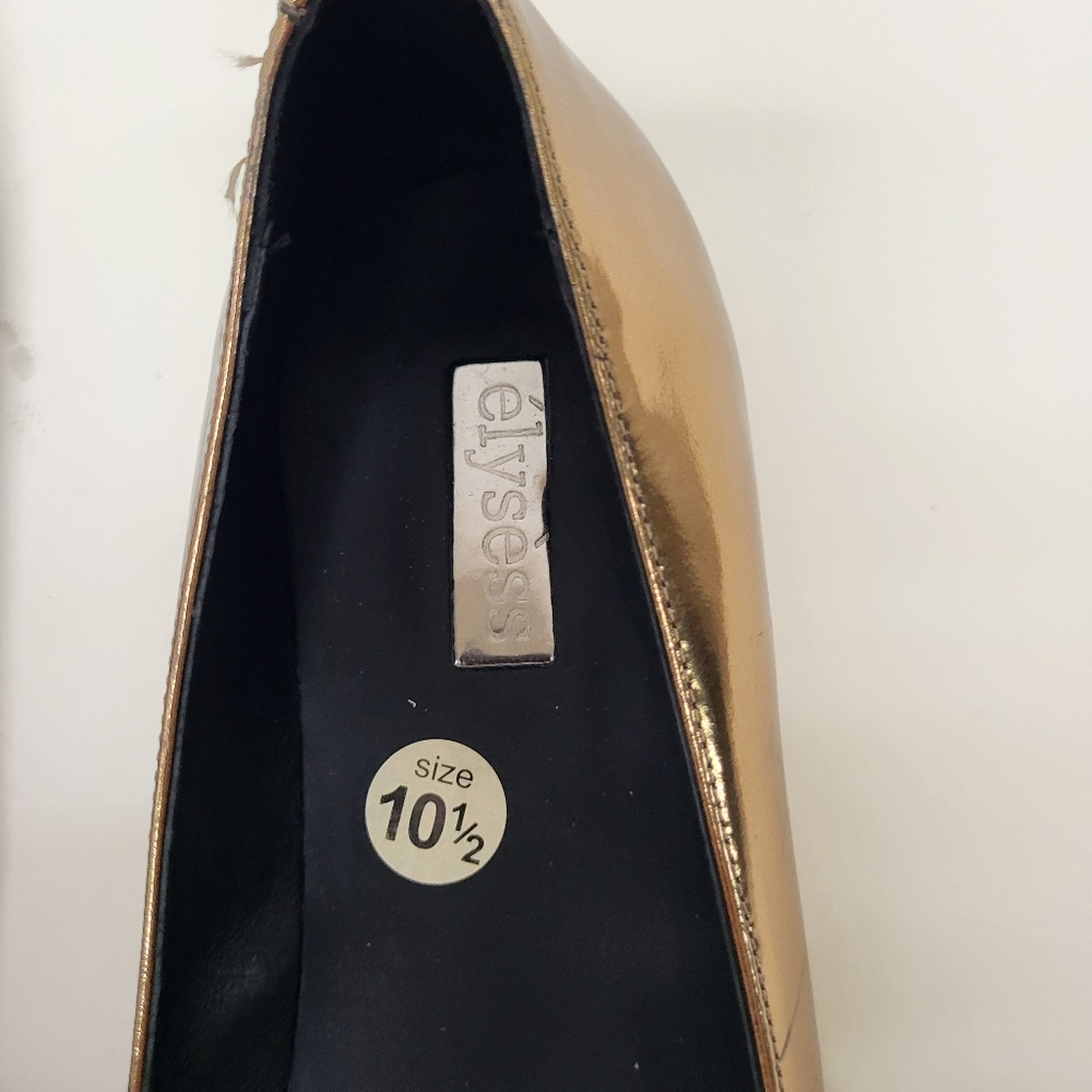 ANTHROPOLOGY Elysess Flats Womens 10.5 Gold Black Bow Patent Pointed Toe - Picture 5 of 12